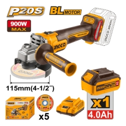 AMOLADORA A BATERIA 4 1/2 P20S 20V BRUSHLESS + 5 DISCOS + BAT 4.0AH + CARGADOR INGCO CAGLI261521