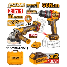 COMBO ATORNILLADOR 20V cPERCUTOR CIDLI20602 + AMOLADORA 20V CAGLI21154 2 BAT CARG + VALIJA INGCO