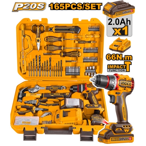 KIT ATORNILLADOR PERCUTOR 20V CIDLI20035 EN VALIJA C/BAT Y CARG + 165 HERRAMIENTAS INGCO HKTHP11651