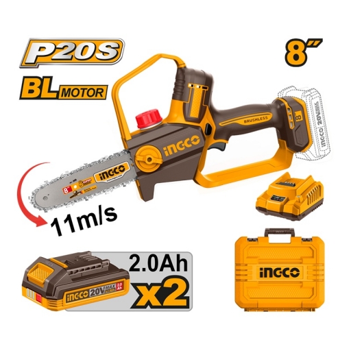 MOTOSIERRA A BATERIA P20S 20V 8 + 2 BAT 2.0AH + CARG + ACC + VALIJA INGCO CGSLI20882