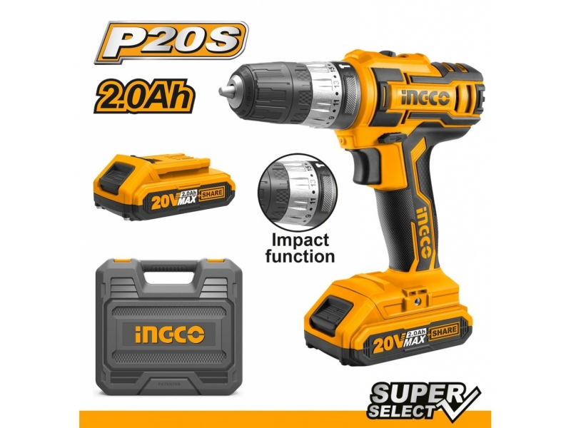 TALADRO ATORNILLADORA BATERIA 20V INGCO CIDLI200215 (INCLUYE CARGADOR Y 2 BATERIAS)