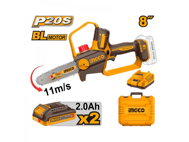 MOTOSIERRA A BATERIA P20S 20V 8 + 2 BAT 2.0AH + CARG + ACC + VALIJA INGCO CGSLI20882