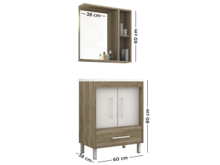 Medidas Mueble: 60 cm de ancho x 80 cm de alto x 38 cm de prof.  Medidas Botiquin: 60 cm de ancho x 60 cm de alto x 13 cm de prof.  Medidas Espejo: 38 cm de ancho x 56 cm de alto.