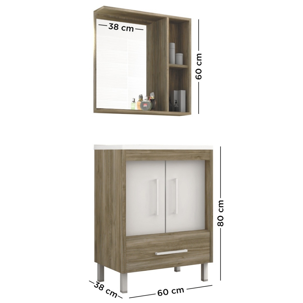 Medidas Mueble: 60 cm de ancho x 80 cm de alto x 38 cm de prof.  Medidas Botiquin: 60 cm de ancho x 60 cm de alto x 13 cm de prof.  Medidas Espejo: 38 cm de ancho x 56 cm de alto.