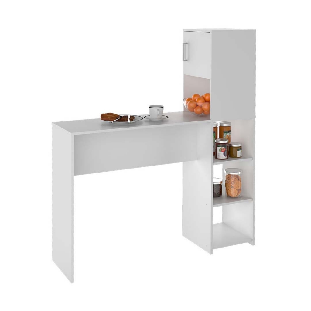 Barra desayunador para cocina, con estantería y puerta. Ideal para desayunar, comer o preparar la comida. Soporte por estante: 5 kg. Soporte mesa: 10 kg.  MEDIDAS Largo: 125 cm Alto: 152cm Prof: 37 cm